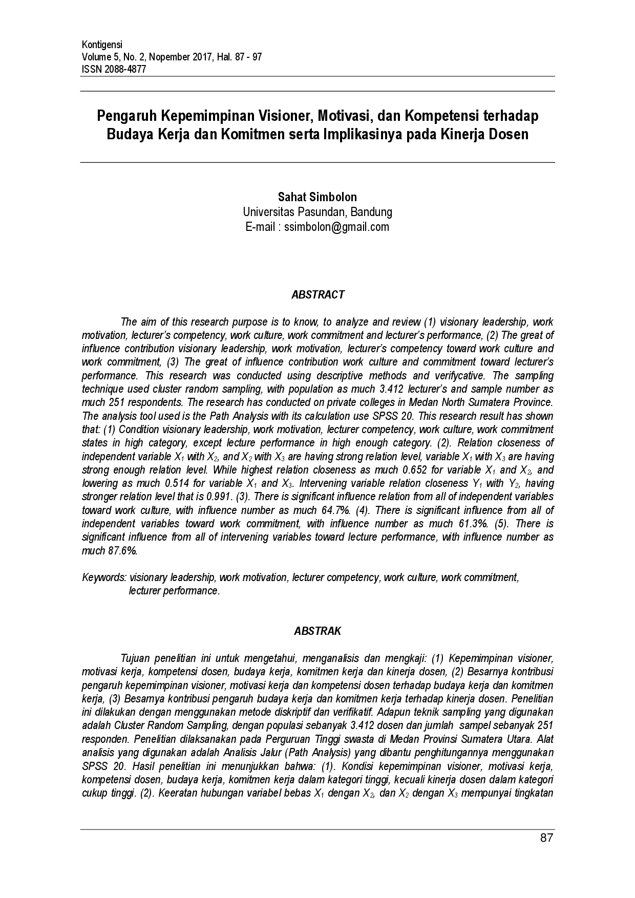 juris Pengaruh Kepemimpinan Visioner Motivasi dan Kompetensi terhadap Budaya Kerja dan Komitmen serta Implikasinya pada Kinerja Dosen
