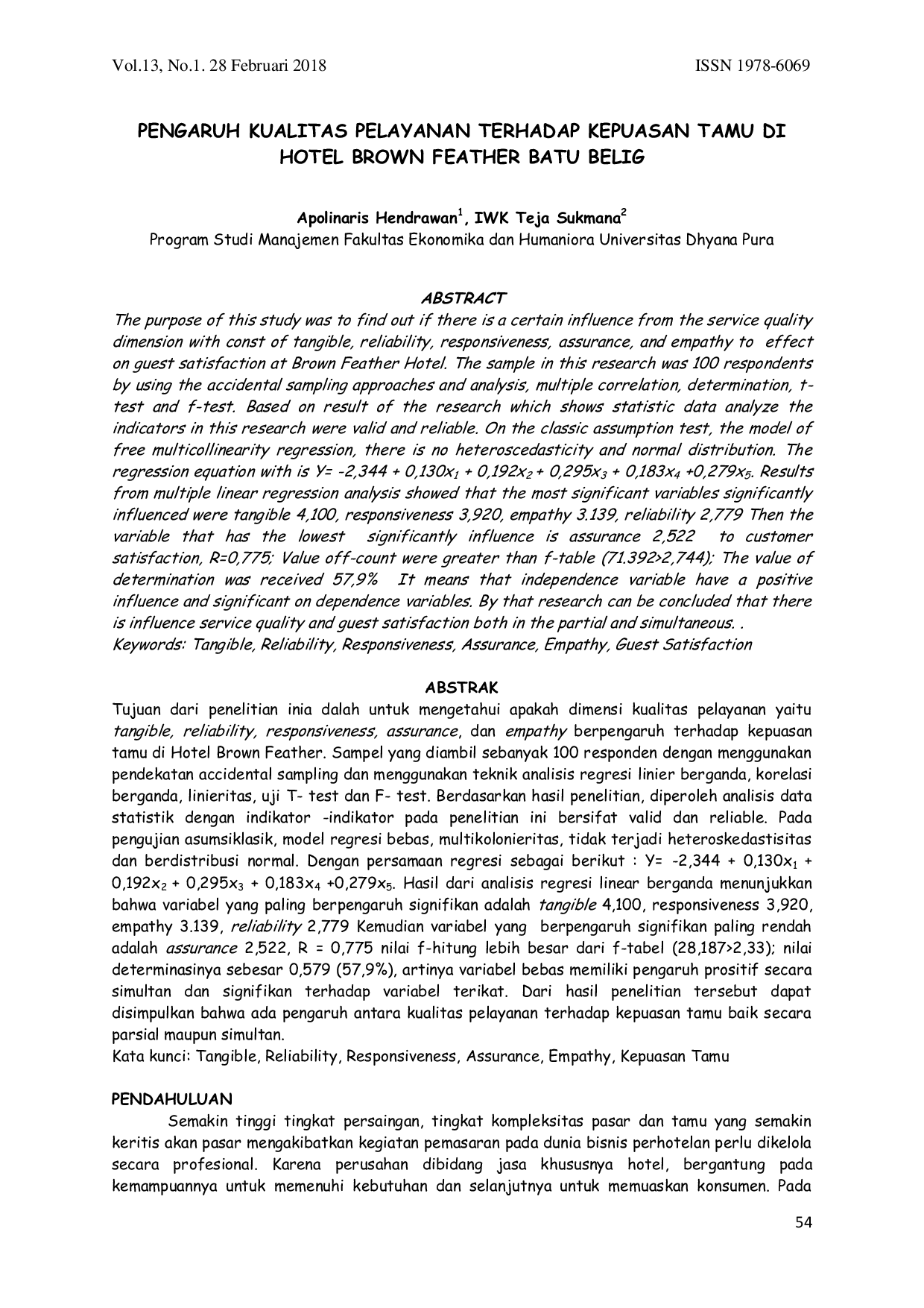JURIS Pengaruh Kualitas Pelayanan Terhadap Kepuasan Tamu di Hotel Brown Feather Batu Belig