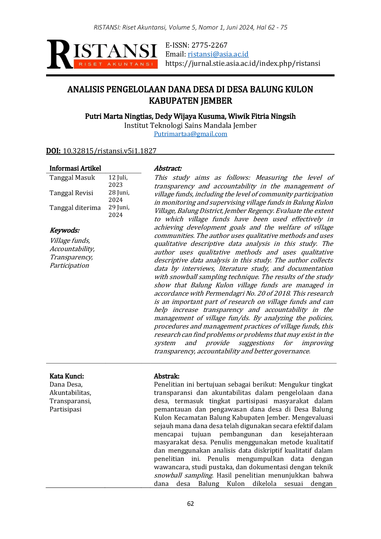 JURIS Analisis Pengelolaan Dana Desa di Desa Balung Kulon Kabupaten Jember