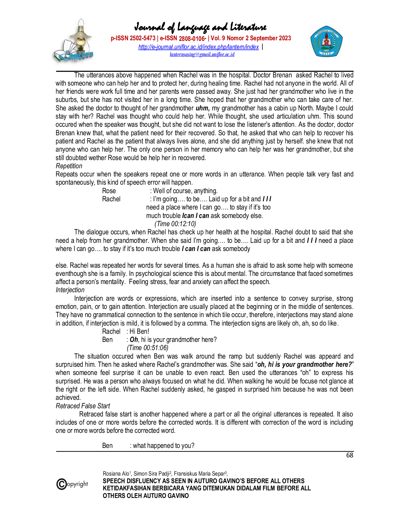 JURIS Speech Disfluency As Seen In Auturo Gavino s Before All Others