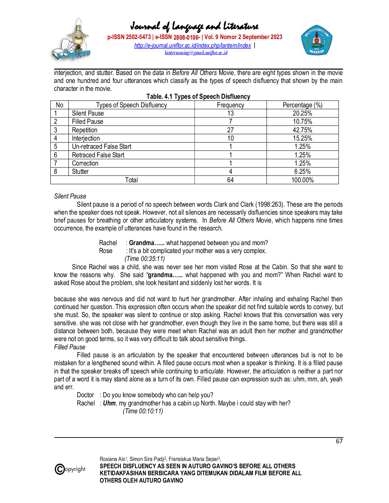 JURIS Speech Disfluency As Seen In Auturo Gavino s Before All Others