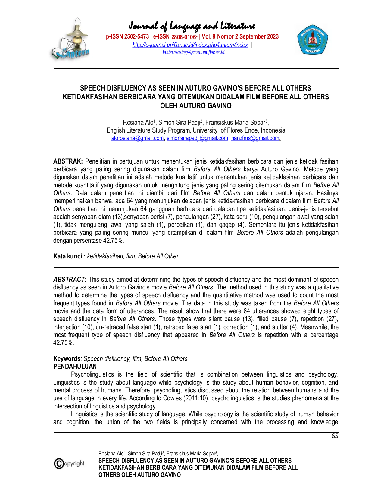 JURIS Speech Disfluency As Seen In Auturo Gavino s Before All Others