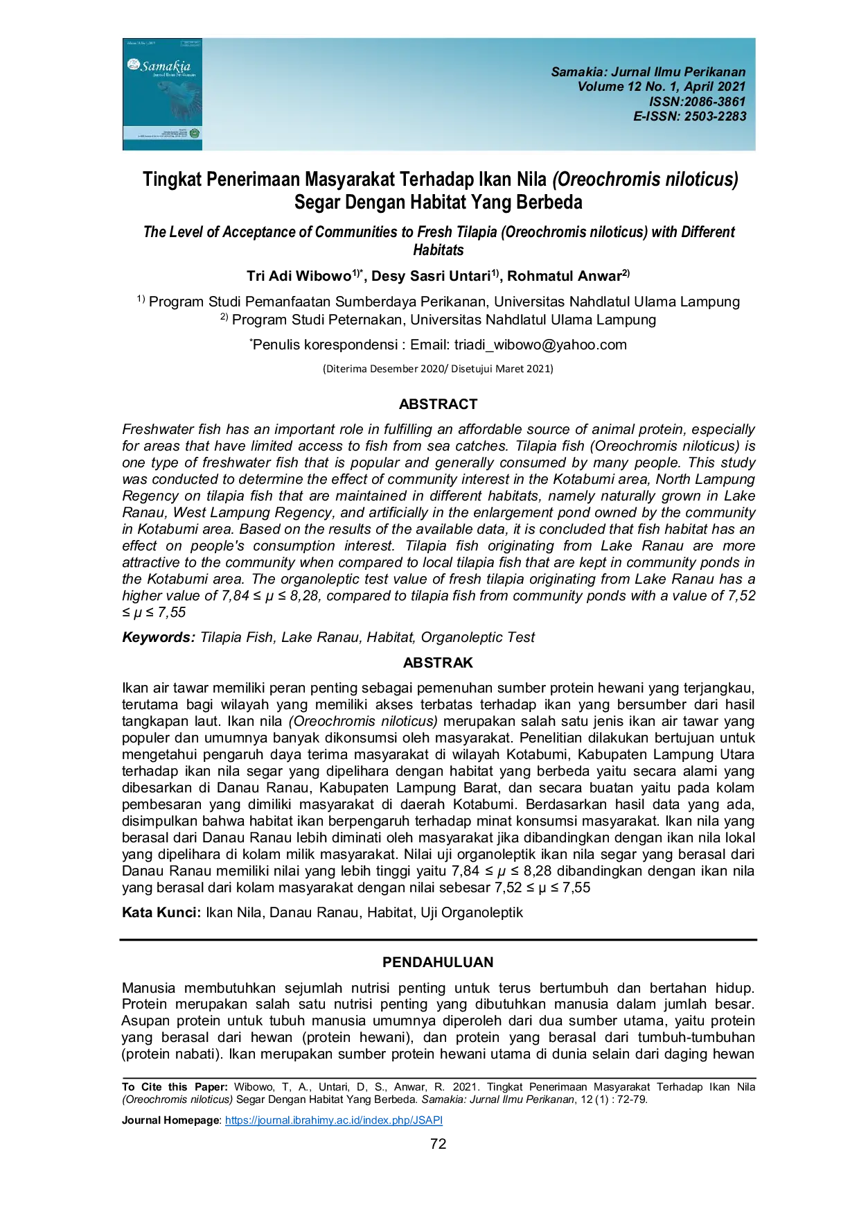 JURIS Tingkat Penerimaan Masyarakat Terhadap Ikan Nila Oreochromis niloticus Segar Dengan Habitat Yang Berbeda
