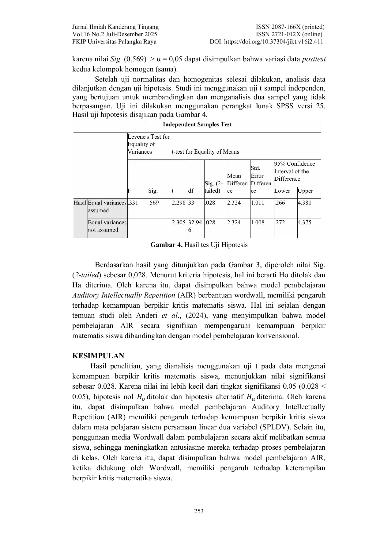 JURIS Pengaruh Model Pembelajaran Auditory Intellectually Repetition Berbantuan Wordwall Terhadap Kemampuan Berpikir Kritis Matematis Siswa
