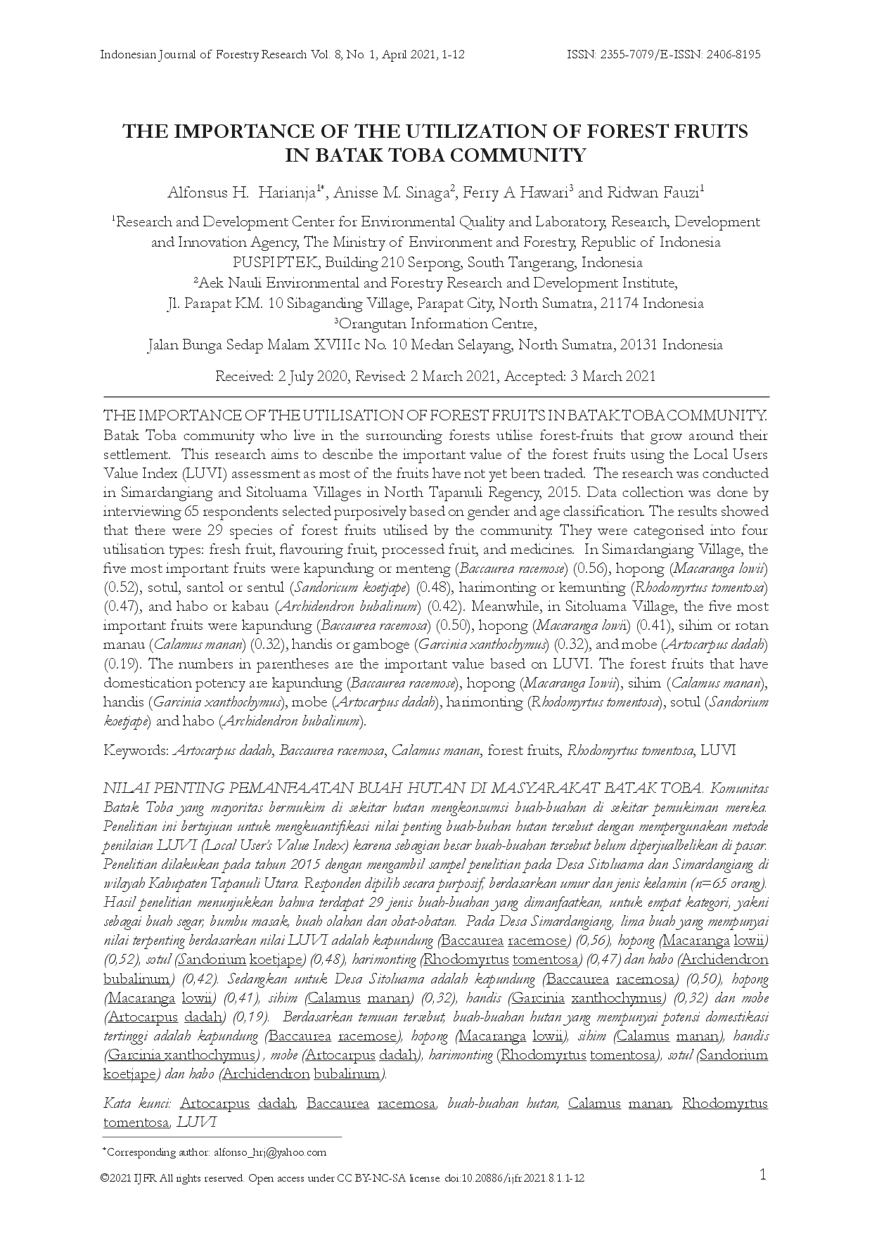juris The Importance Of The Utilization Of Forest Fruits In Batak Toba Community
