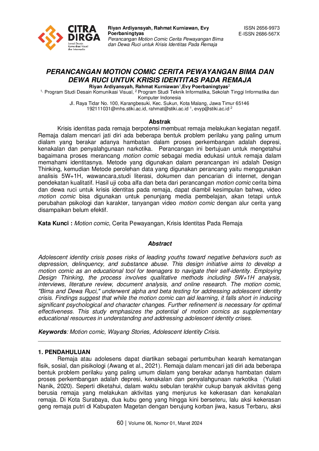 JURIS Perancangan Motion Comic Cerita Pewayangan Bima dan Dewa Ruci untuk Masalah Krisis Identitas pada Remaja