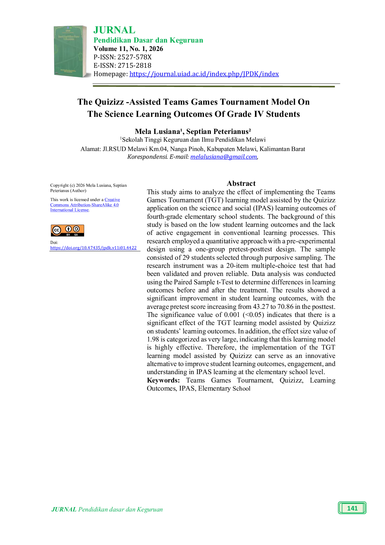 JURIS The Effect of the Quizizz Assisted Teams Games Tournament Model on the Science Learning Outcomes of Fourth Grade Students
