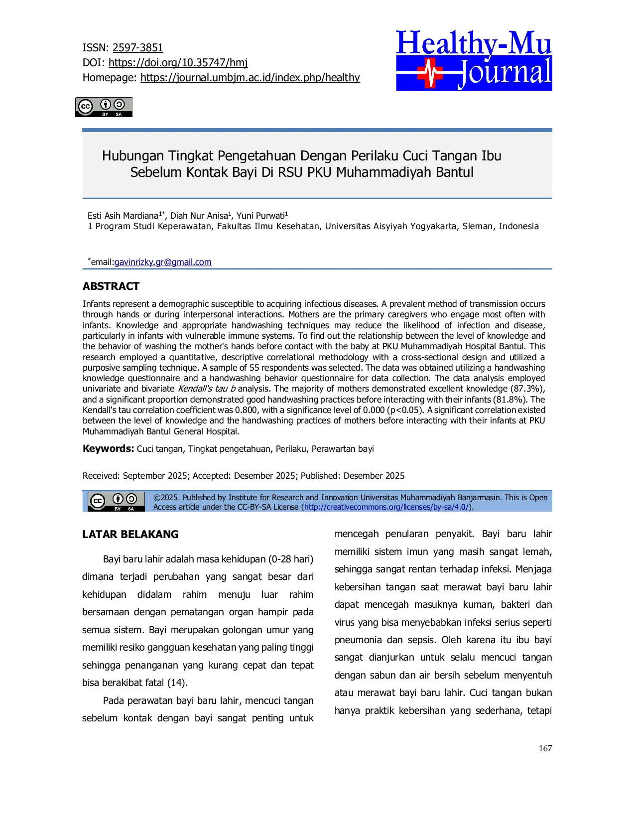 JURIS Hubungan Tingkat Pengetahuan Dengan Perilaku Cuci Tangan Ibu Sebelum Kontak Bayi Di RSU PKU Muhammadiyah Bantul