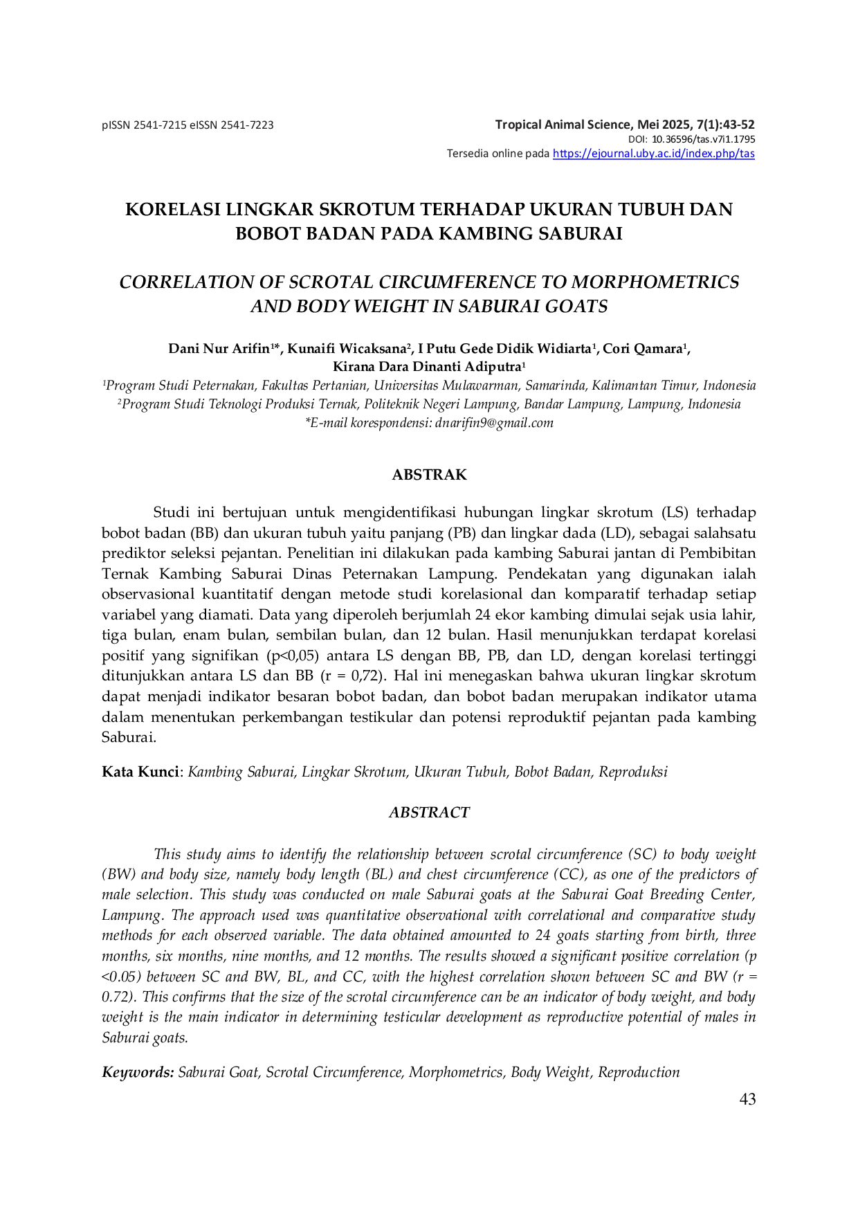 JURIS Korelasi Lingkar Skrotum Terhadap Ukuran Tubuh Dan Bobot Badan Pada Kambing Saburai