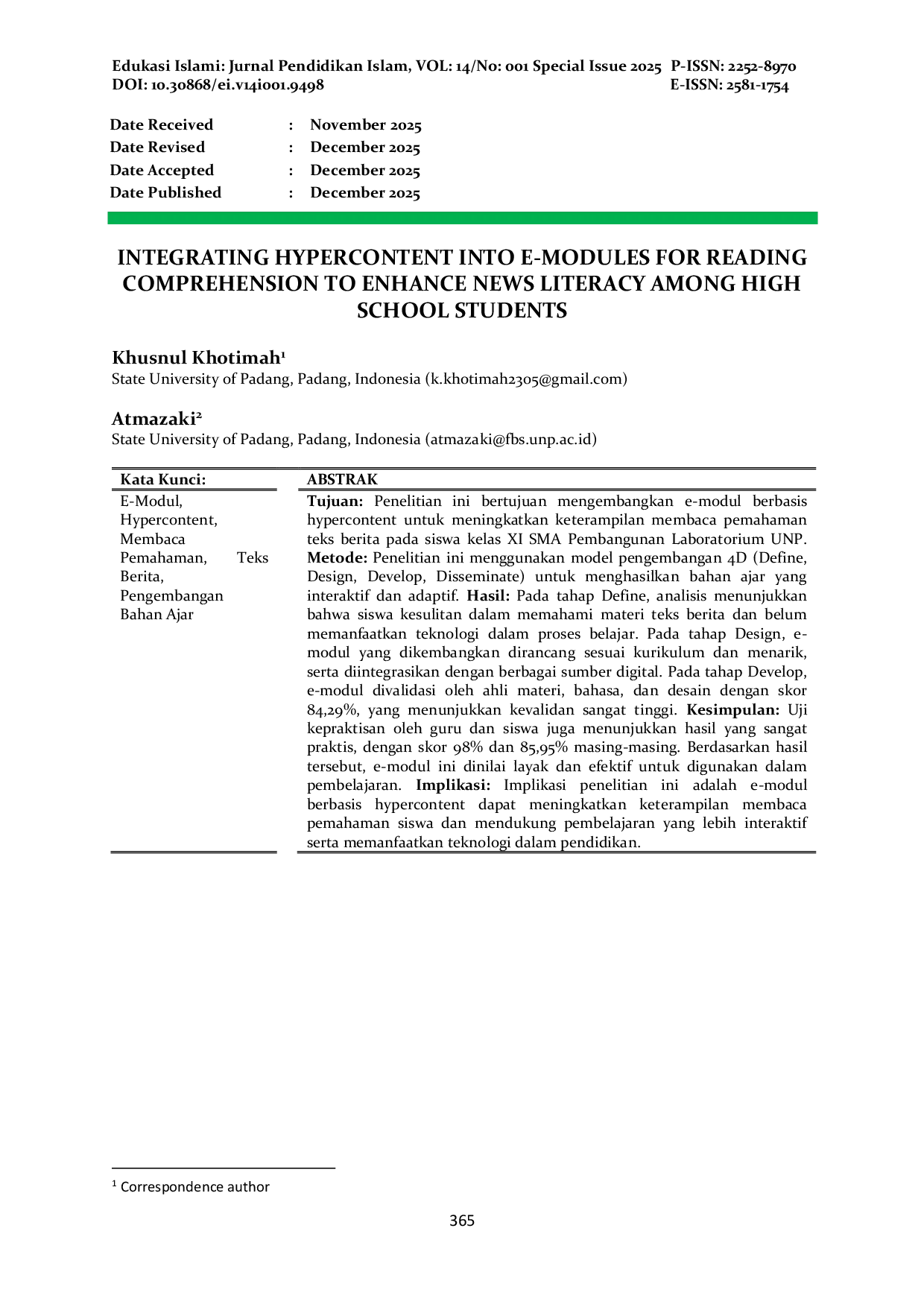 JURIS Integrating Hypercontent Into E Modules For Reading Comprehension To Enhance News Literacy Among High School Students