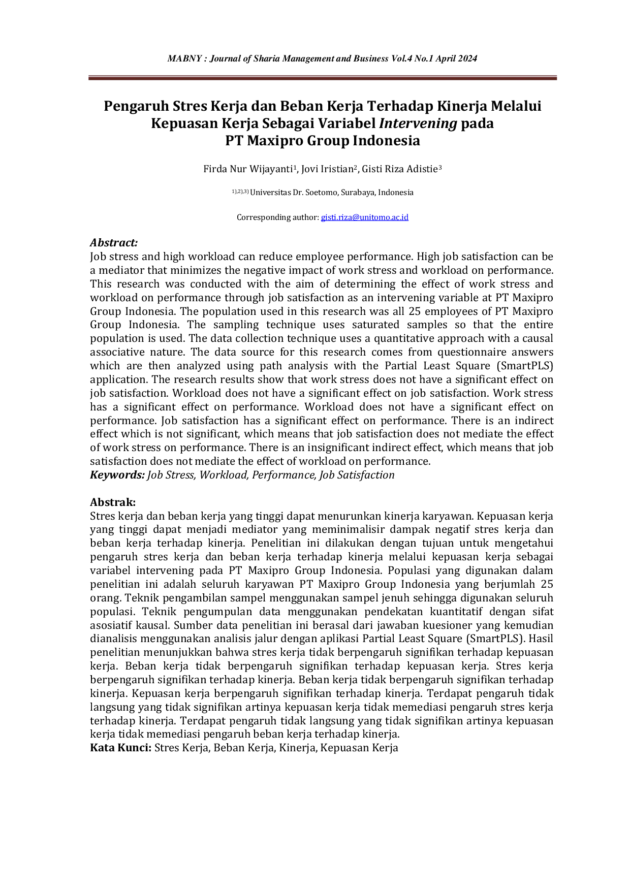JURIS Pengaruh Stres Kerja dan Beban Kerja Terhadap Kinerja Melalui Kepuasan Kerja Sebagai Variabel Intervening pada PT Maxipro Group Indonesia