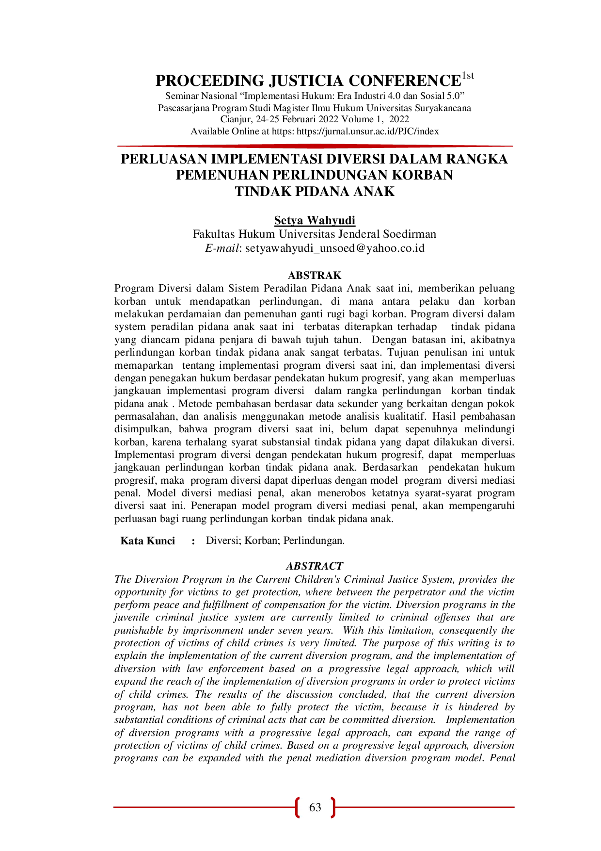 JURIS Perluasan Implementasi Diversi Dalam Rangka Pemenuhan Perlindungan Korban Tindak Pidana Anak