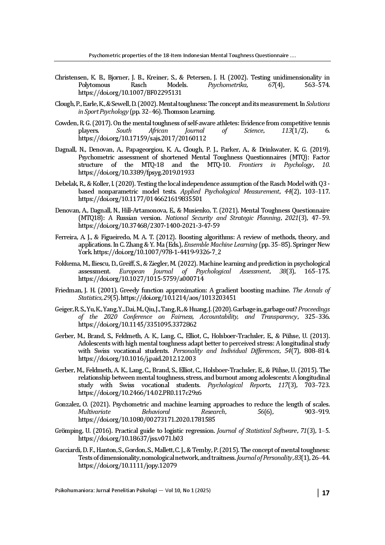 juris Psychometric properties of the 18 item Indonesian Mental Toughness Questionnaire using the Rasch model and Machine Learning