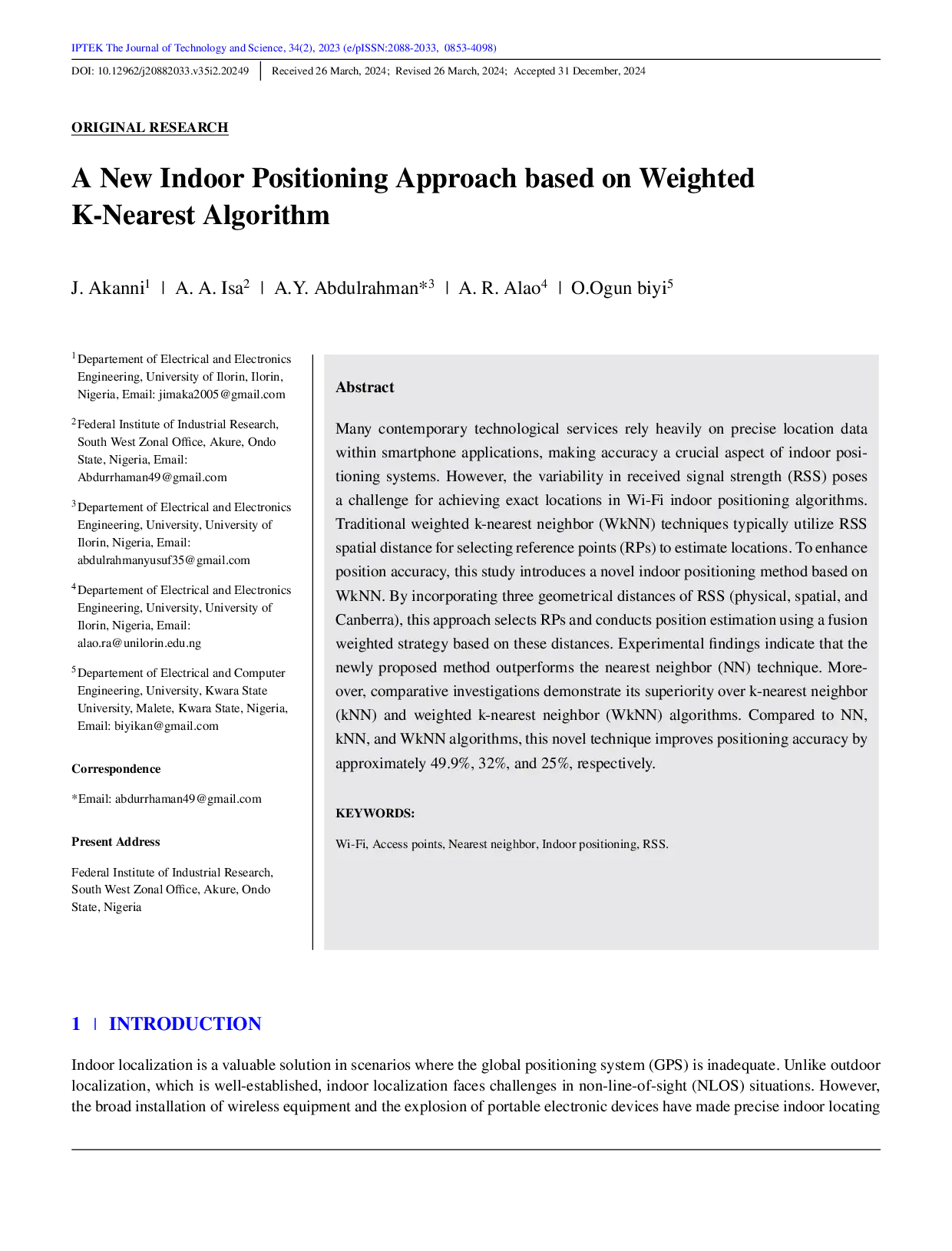 JURIS A New Indoor Positioning Approach based on Weighted K Nearest Algorithm