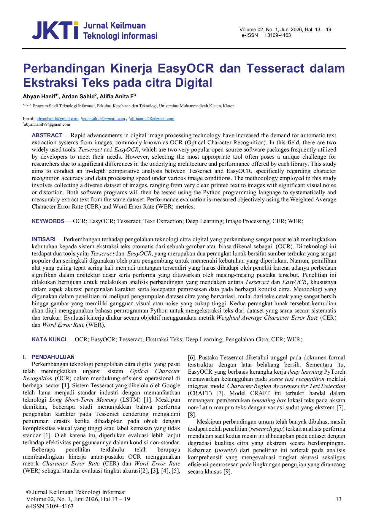 JURIS A Comparison of EasyOCR and Tesseract Performance in Text Extraction from Digital Images