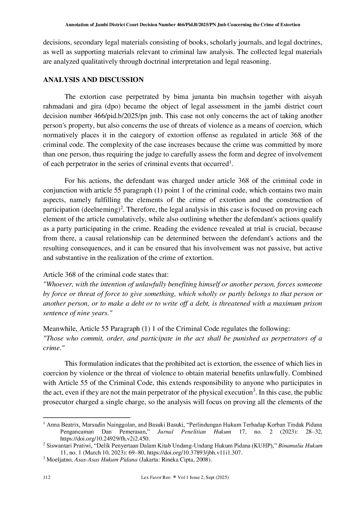 JURIS Annotation of Jambi District Court Decision Number 466 Pid B 2025 PN Jmb Concerning the Crime of Extortion