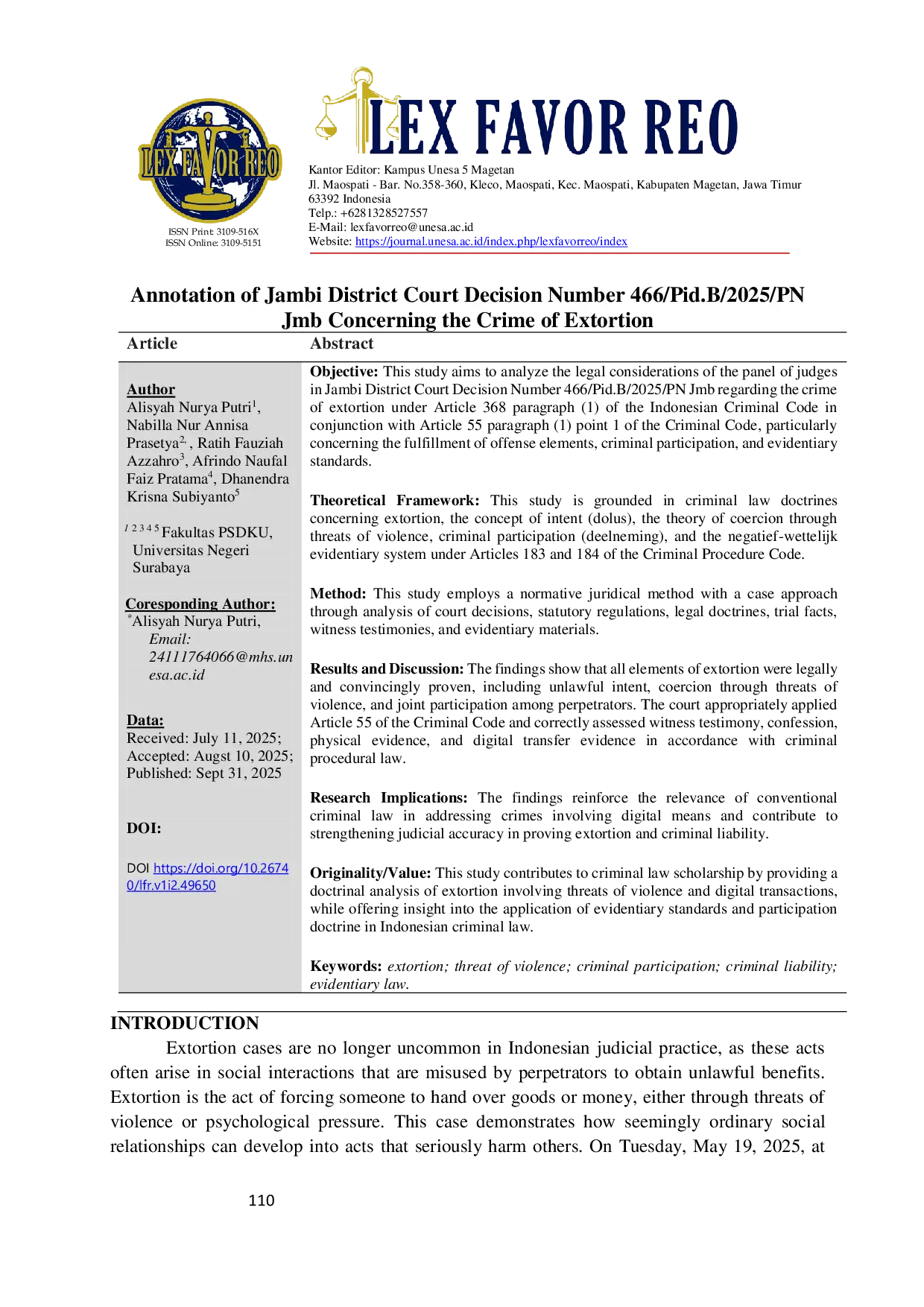 JURIS Annotation of Jambi District Court Decision Number 466 Pid B 2025 PN Jmb Concerning the Crime of Extortion