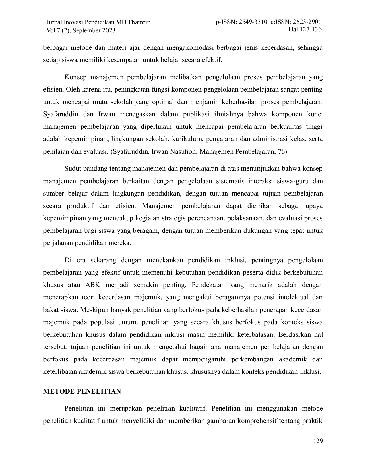 JURIS Manajemen Pembelajaran Pada Kecerdasan Majemuk Intelligences Siswa ABK Dalam Lingkup Pendidikan Inklusi