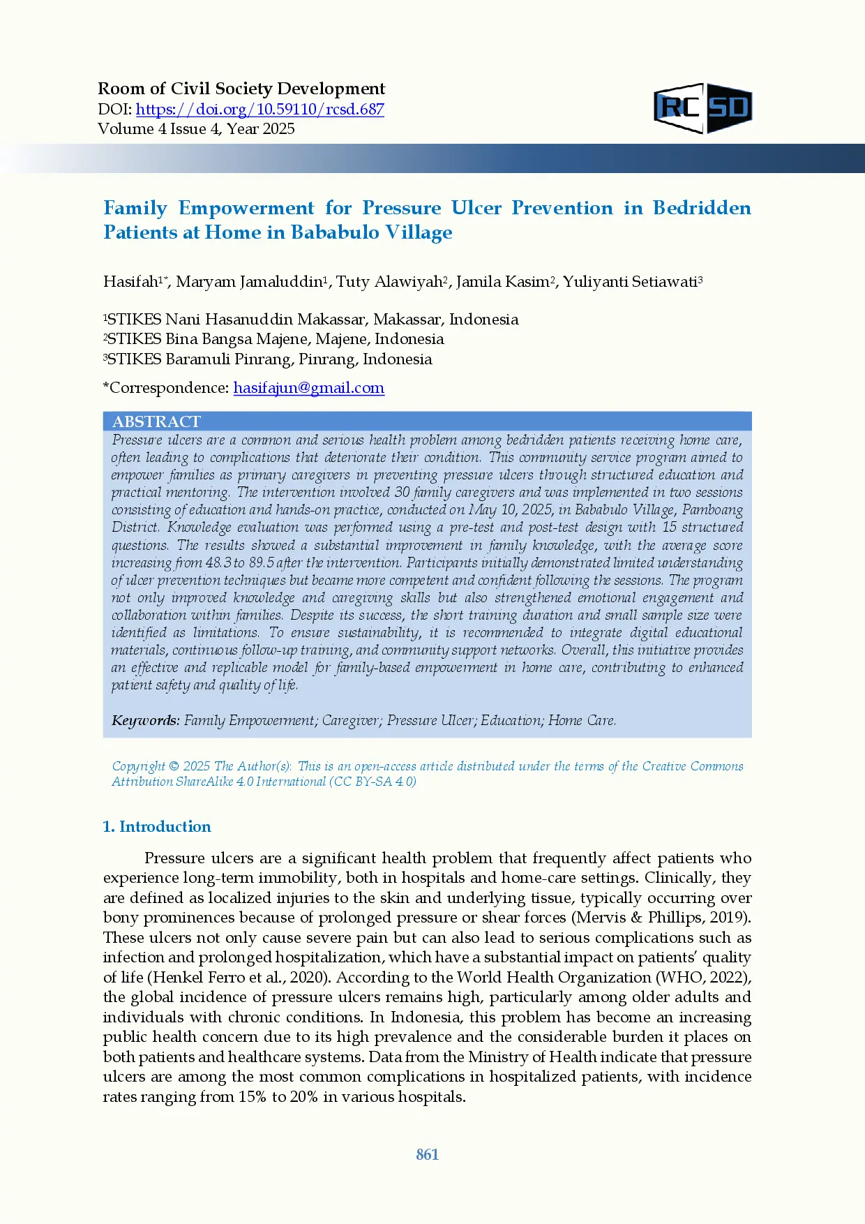 juris Family Empowerment for Pressure Ulcer Prevention in Bedridden Patients at Home in Bababulo Village