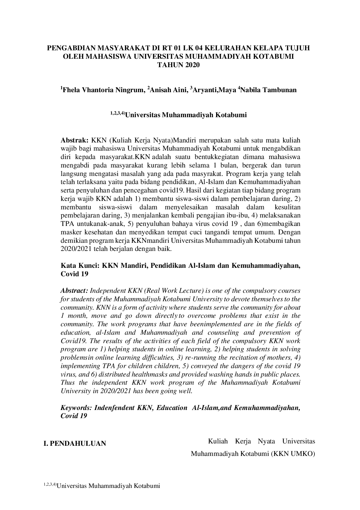 JURIS Pengabdian Masyarakat di RT 01 LK 04 Kelurahan Kelapa Tujuh Oleh Mahasiswa Universitas Muhammadiyah Kotabumi Tahun 2020