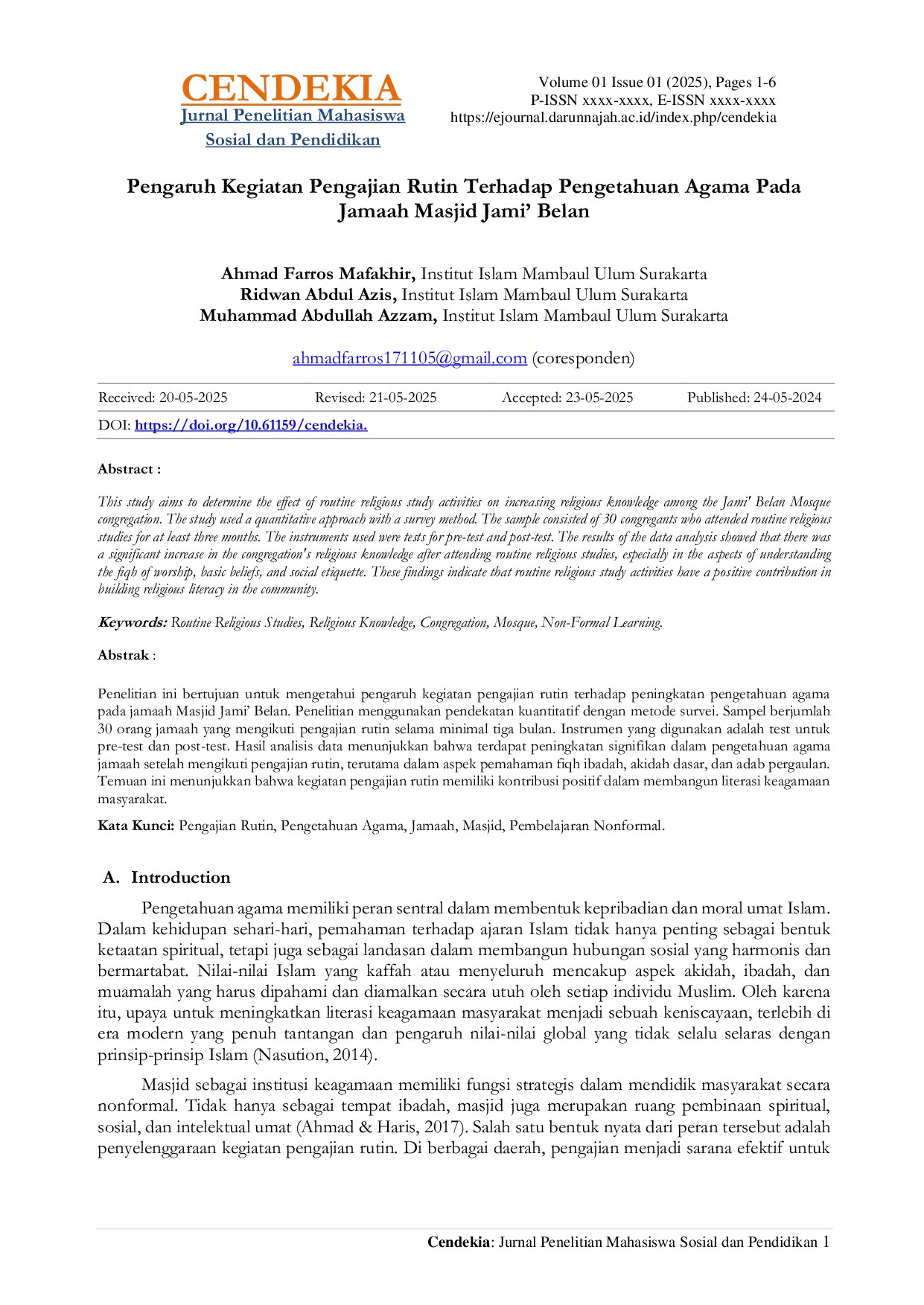 JURIS Pengaruh Kegiatan Pengajian Rutin Terhadap Pengetahuan Agama Pada Jamaah Masjid Jami Belan