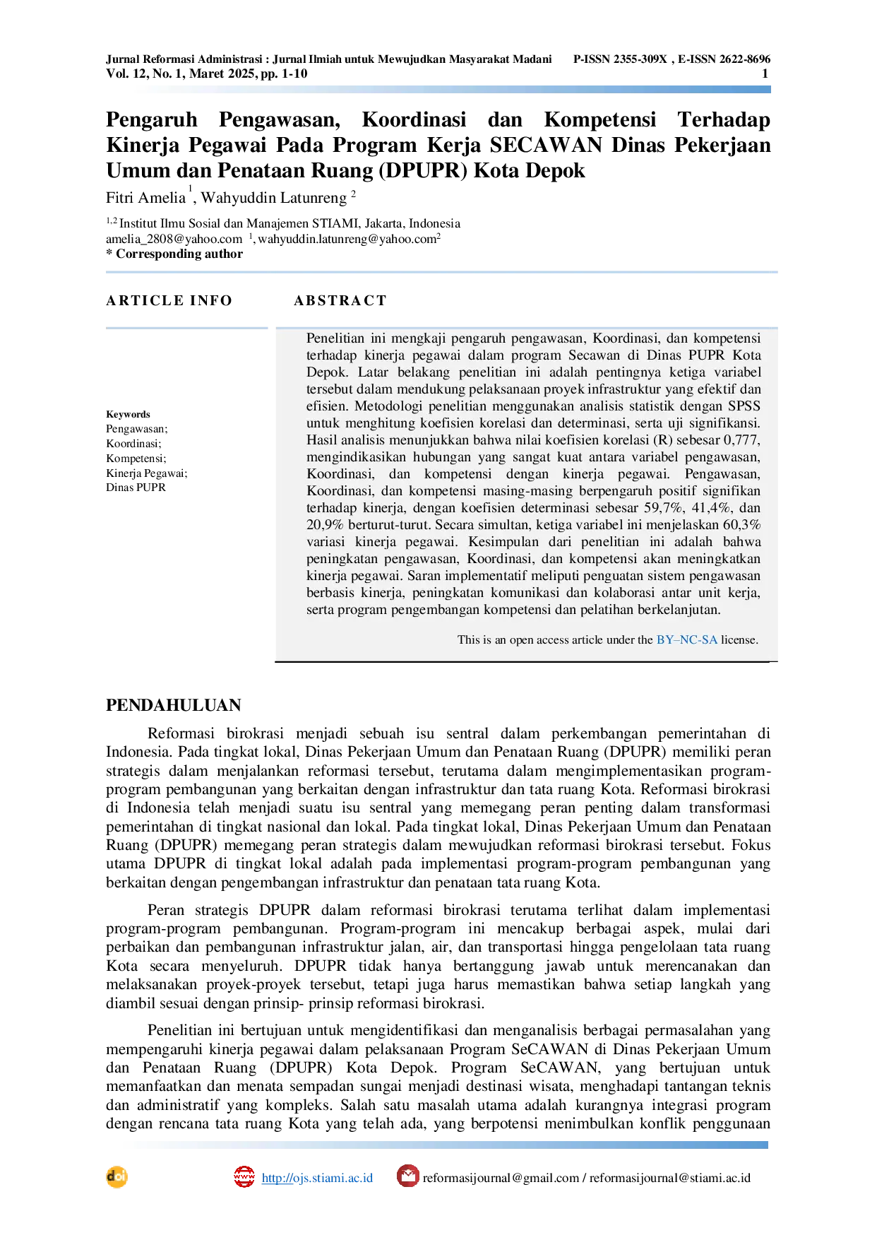 JURIS Pengaruh Pengawasan Koordinasi dan Kompetensi Terhadap Kinerja Pegawai Pada Program Kerja SECAWAN Dinas Pekerjaan Umum dan Penataan Ruang DPUPR Kota Depok