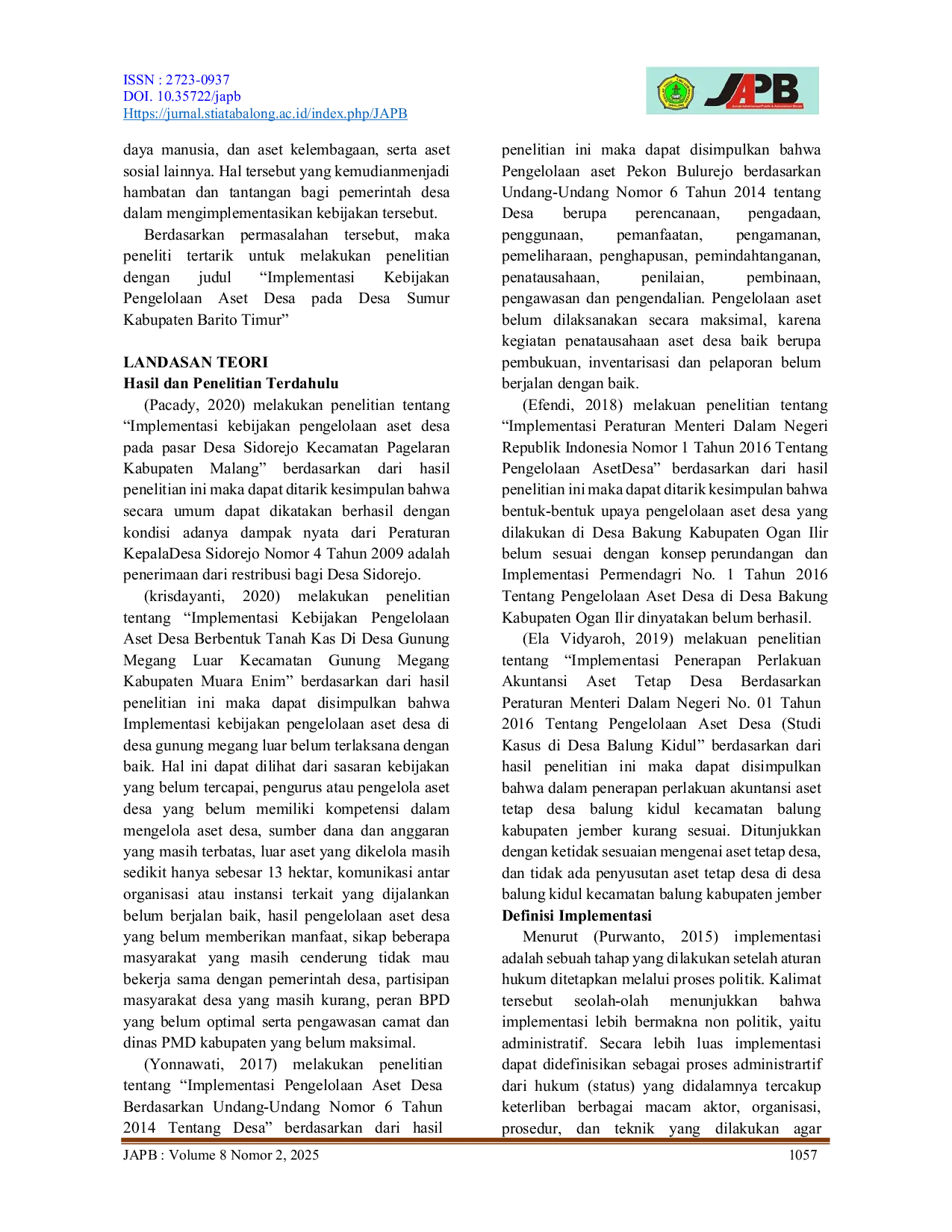 JURIS Implementasi Kebijakan Pengelolaan Aset Desa Pada Desa Sumur Kabupaten Barito Timur