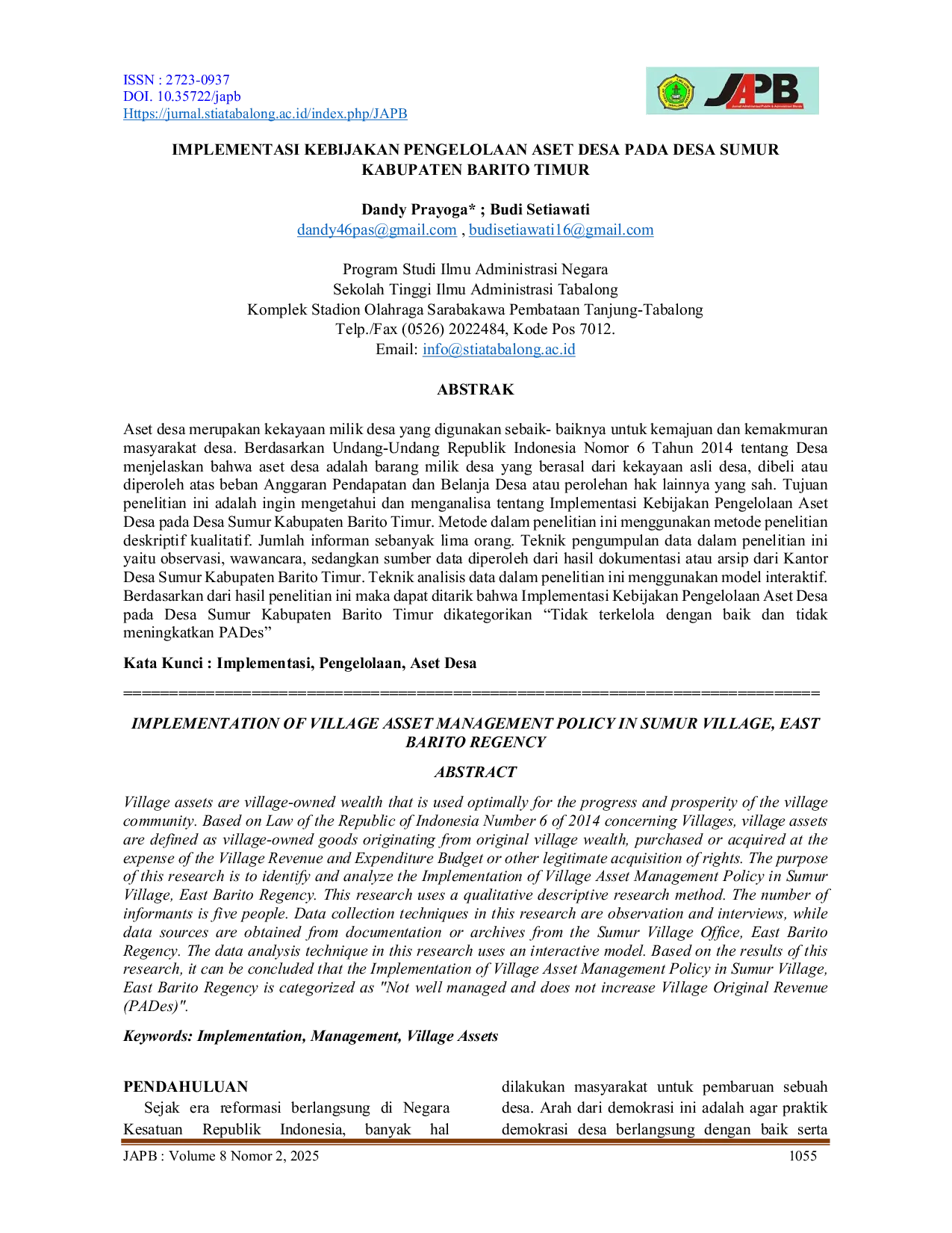 JURIS Implementasi Kebijakan Pengelolaan Aset Desa Pada Desa Sumur Kabupaten Barito Timur
