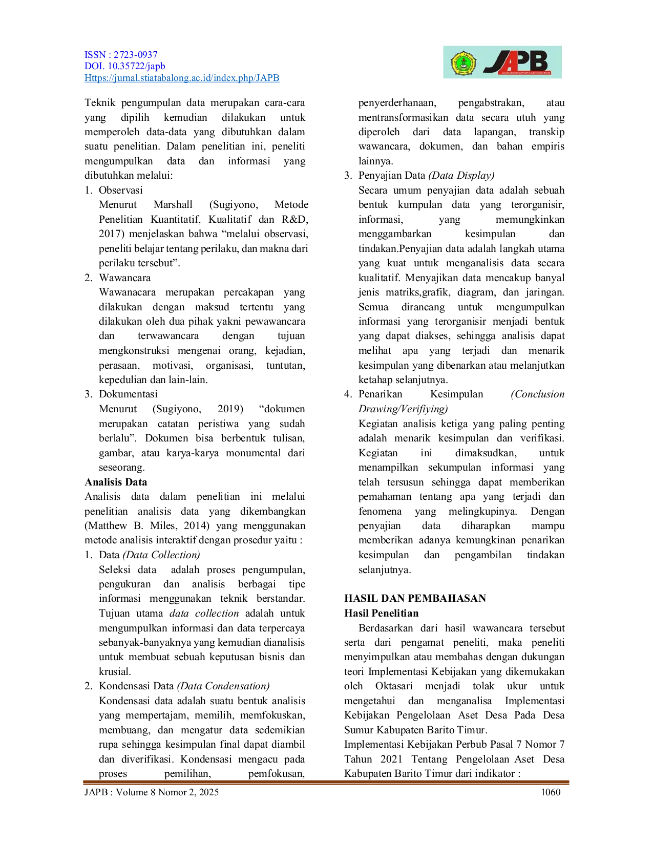 JURIS Implementasi Kebijakan Pengelolaan Aset Desa Pada Desa Sumur Kabupaten Barito Timur