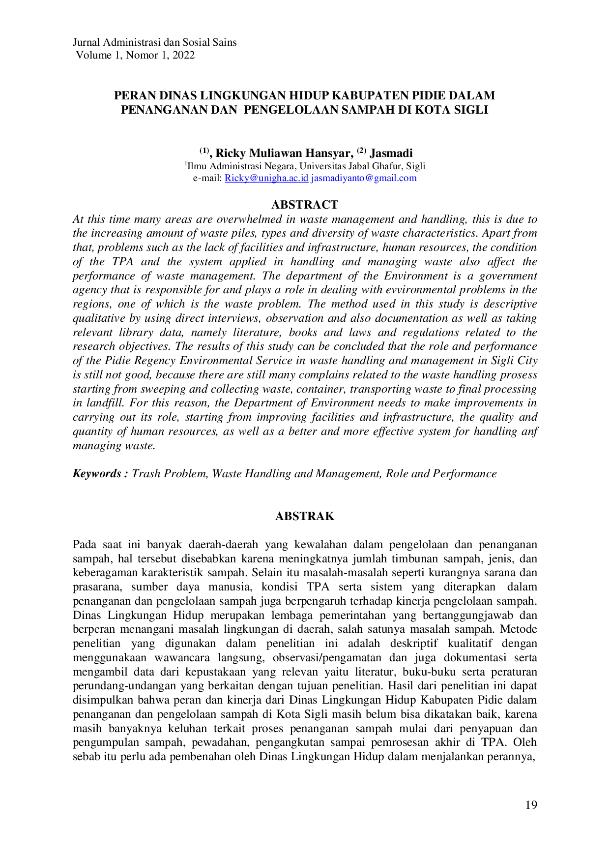 juris Peran Dinas Lingkungan Hidup Kabupaten Pidie dalam Penanganan dan Pengelolaan Sampah di Kota Sigli