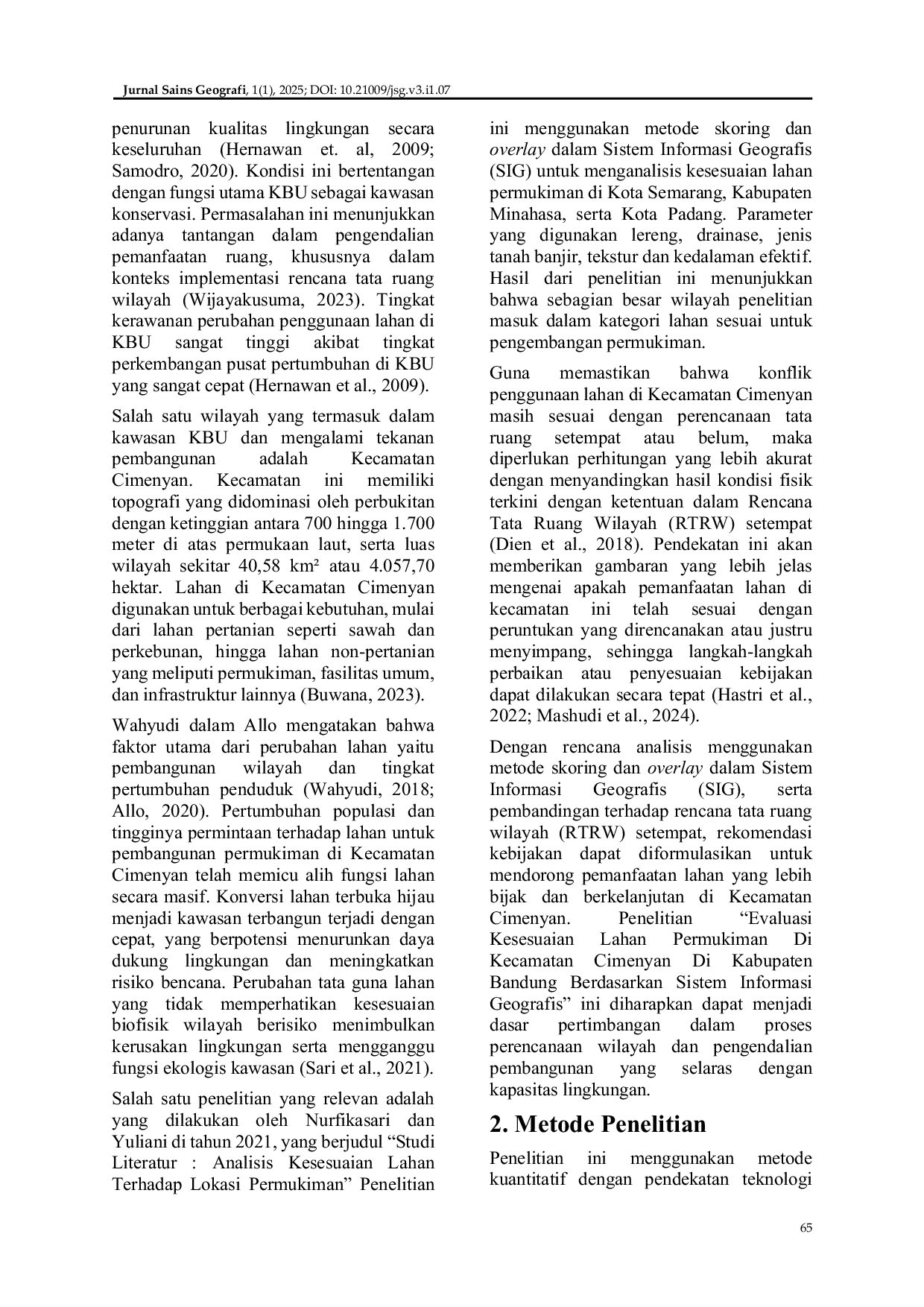 JURIS Evaluasi Kesesuaian Lahan Untuk Permukiman Di Kecamatan Cimenyan Kabupaten Bandung Menggunakan Sistem Informasi Geografis
