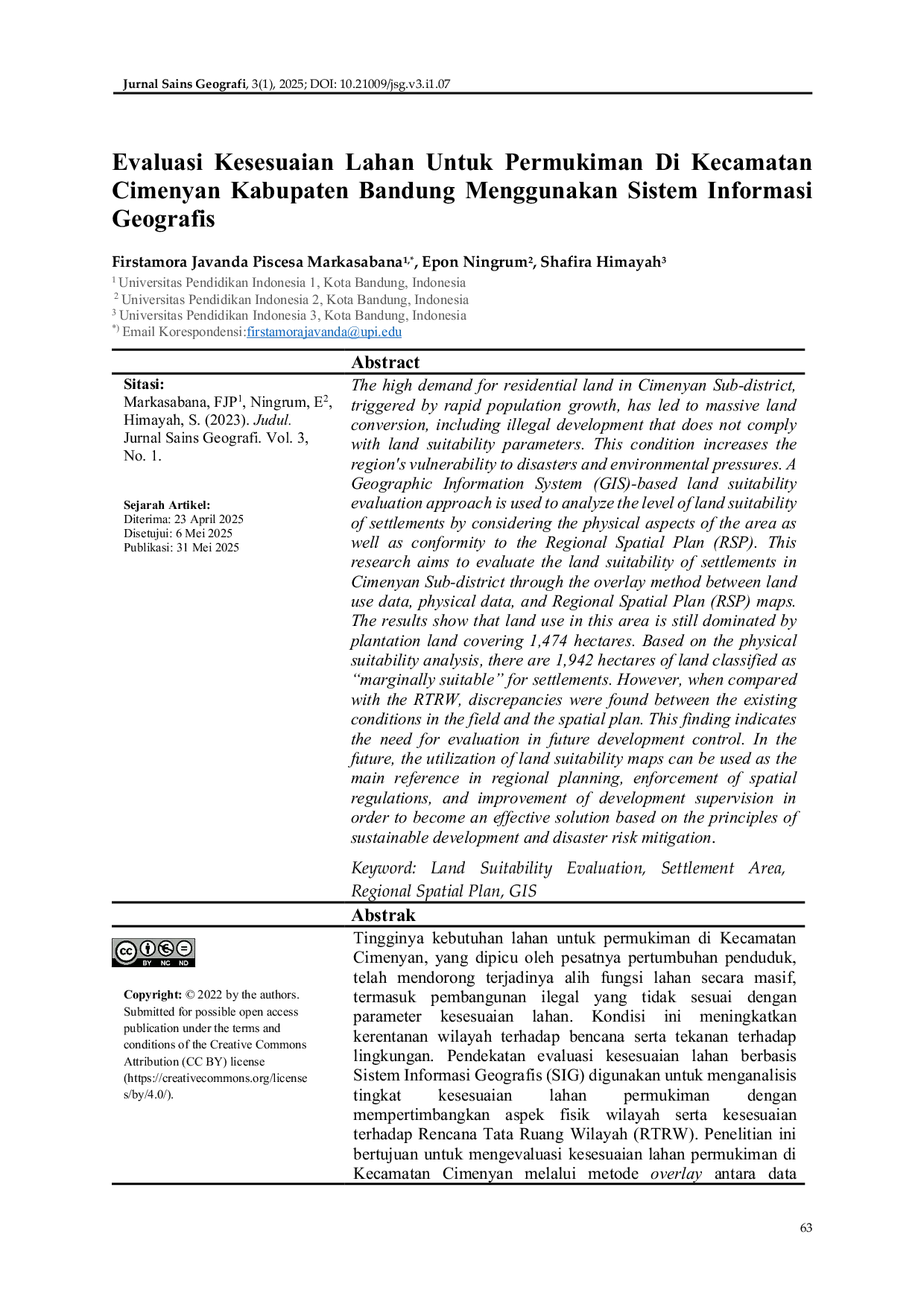JURIS Evaluasi Kesesuaian Lahan Untuk Permukiman Di Kecamatan Cimenyan Kabupaten Bandung Menggunakan Sistem Informasi Geografis
