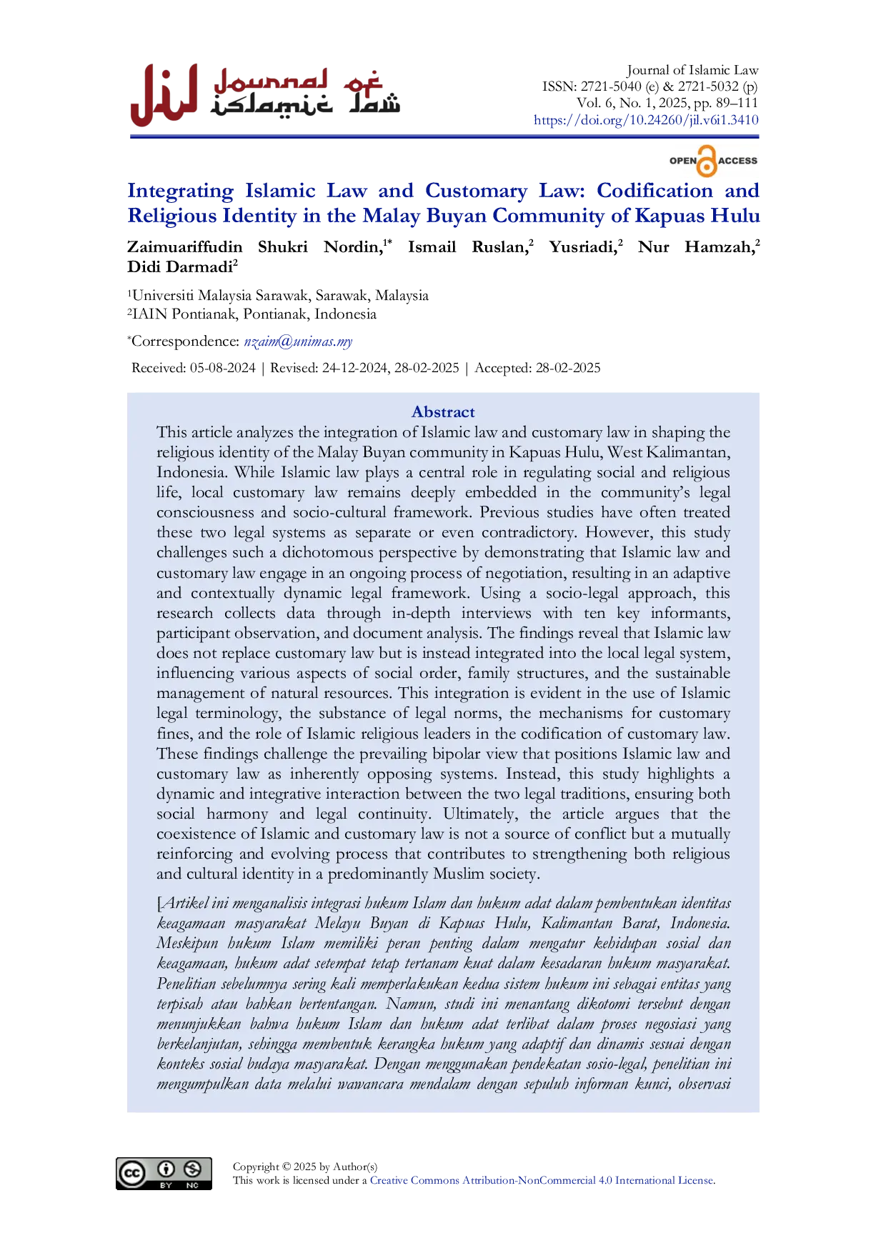 JURIS Integrating Islamic Law and Customary Law Codification and Religious Identity in the Malay Buyan Community of Kapuas Hulu