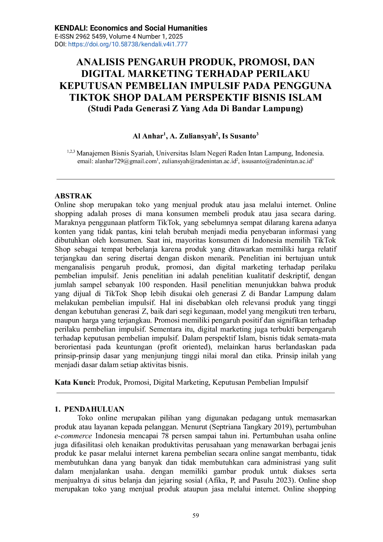 JURIS Analisis Pengaruh Produk Promosi dan Digital Marketing Terhadap Perilaku Keputusan Pembelian Impulsif Pada Pengguna TikTok Shop Dalam Perspektif Bisnis Islam Studi Pada Generasi Z Yang Ada Di Banda