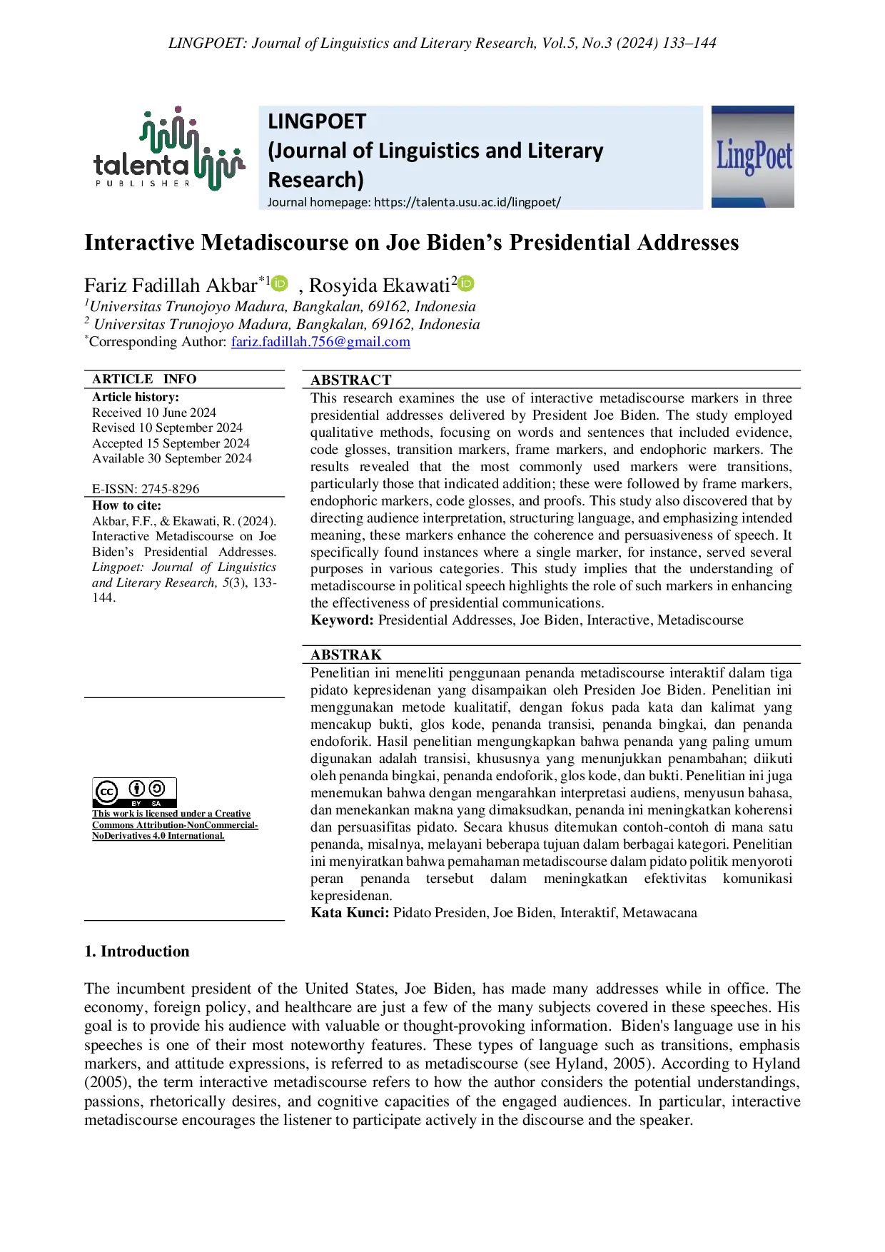 JURIS Interactive Metadiscourse on Joe Biden s Presidential Speeches
