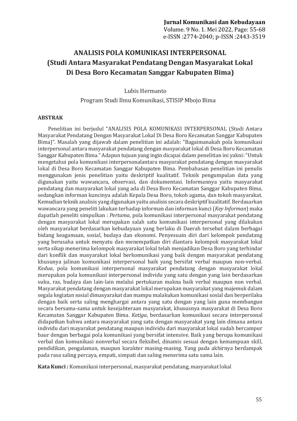 JURIS ANALISIS POLA KOMUNIKASI INTERPERSONAL Studi Antara Masyarakat Pendatang Dengan Masyarakat Lokal Di Desa Boro Kecamatan Sanggar Kabupaten Bima