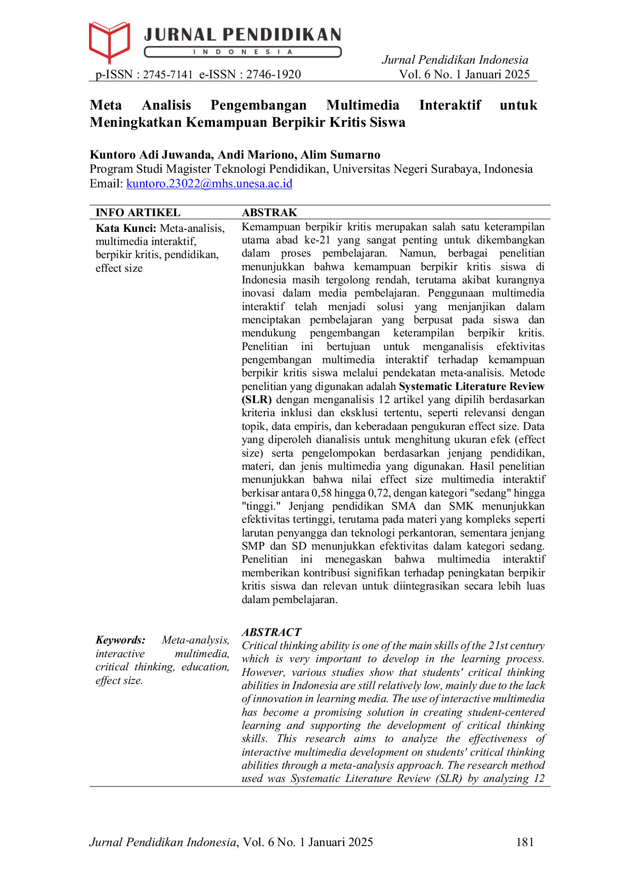 JURIS Meta Analisis Pengembangan Multimedia Interaktif untuk Meningkatkan Kemampuan Berpikir Kritis Siswa