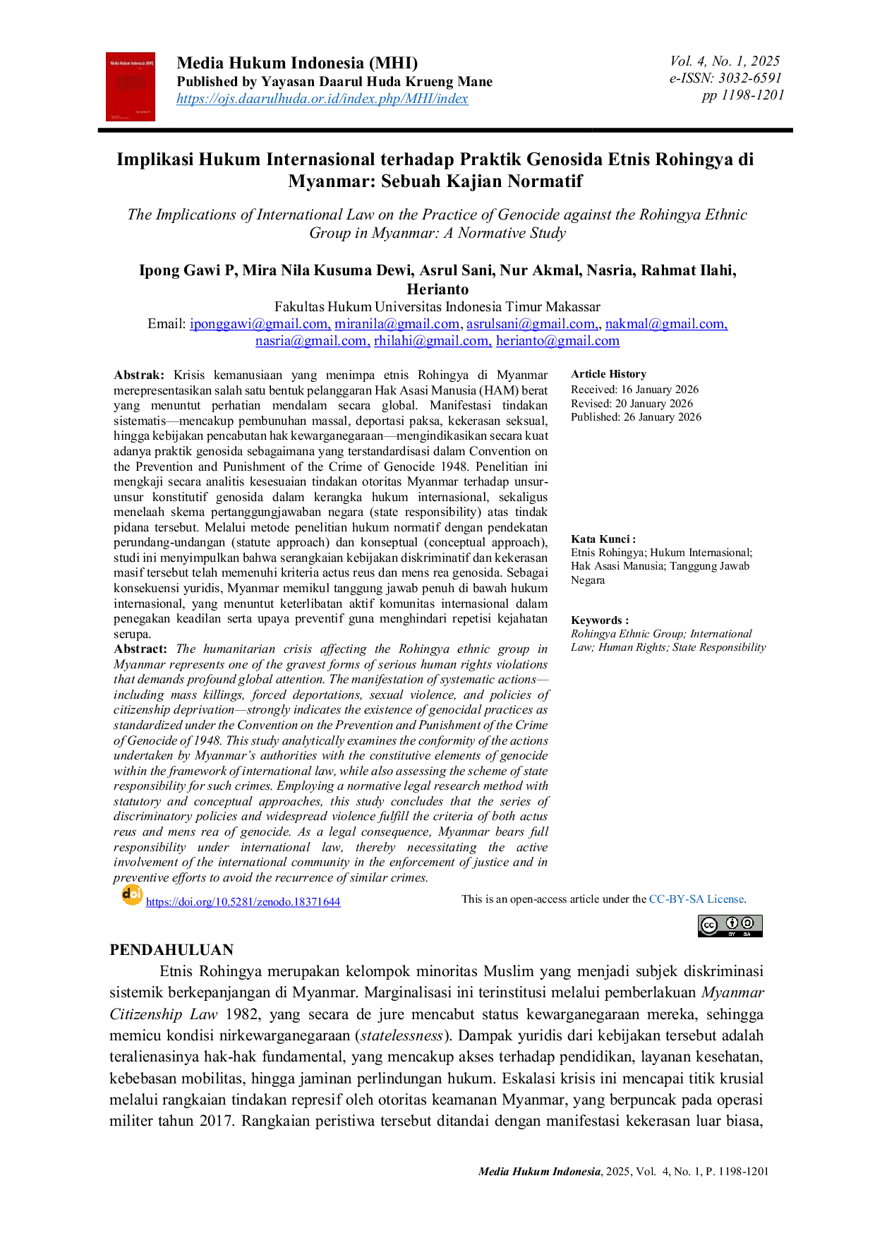 JURIS Implikasi Hukum Internasional terhadap Praktik Genosida Etnis Rohingya di Myanmar Sebuah Kajian Normatif