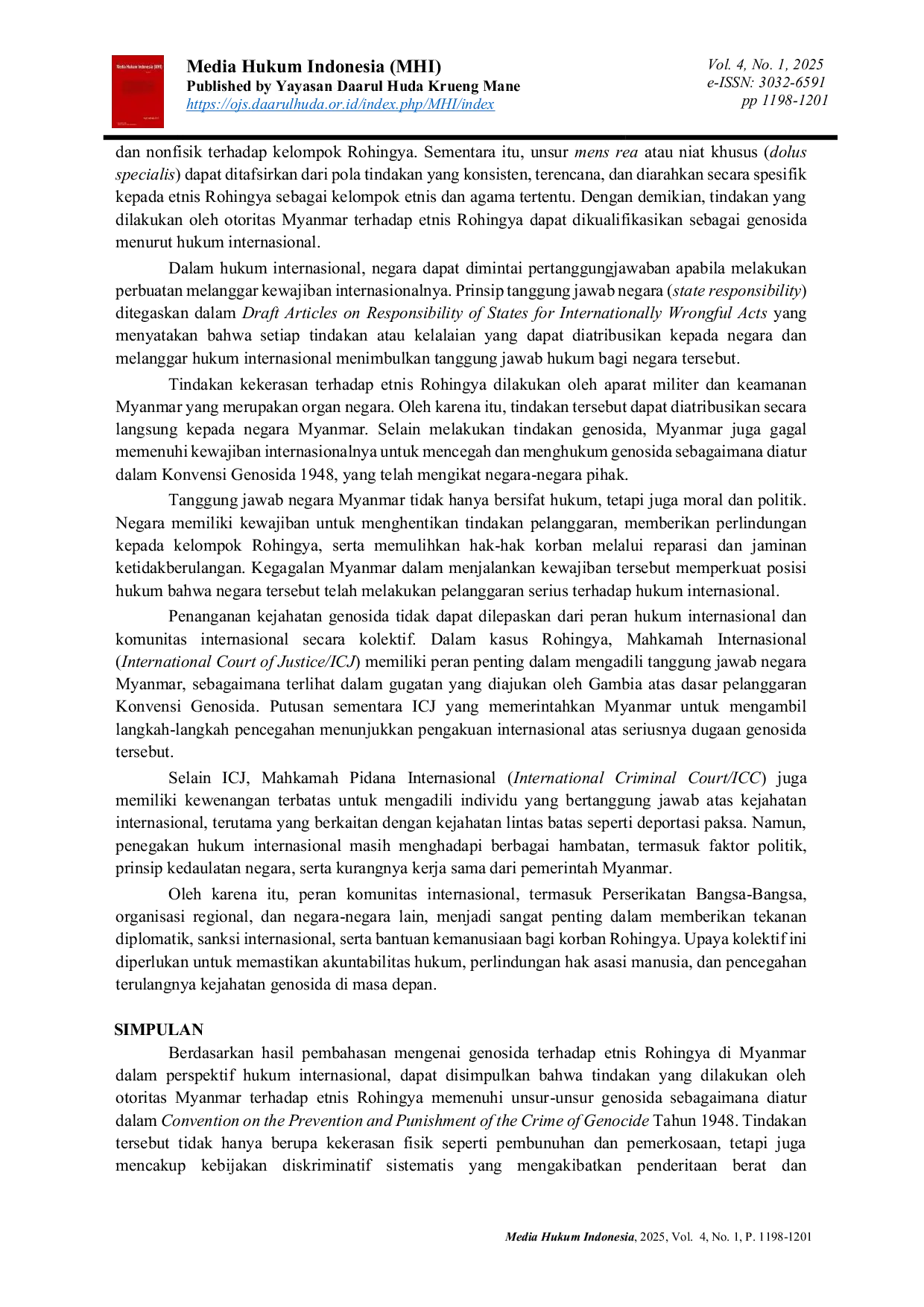 JURIS Implikasi Hukum Internasional terhadap Praktik Genosida Etnis Rohingya di Myanmar Sebuah Kajian Normatif