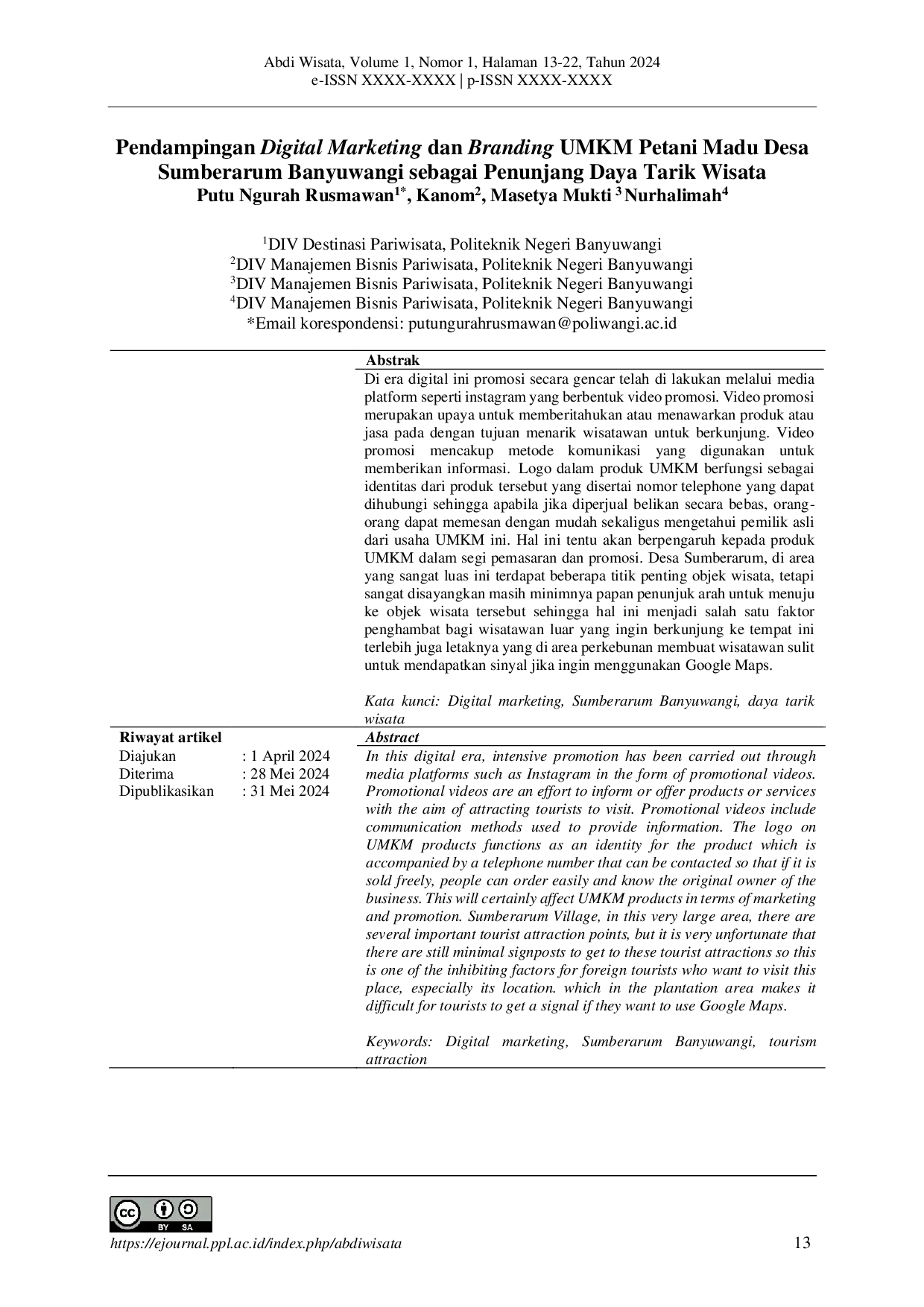 JURIS Pendampingan Digital Marketing dan Branding UMKM Petani Madu Desa Sumberarum Banyuwangi sebagai Penunjang Daya Tarik Wisata