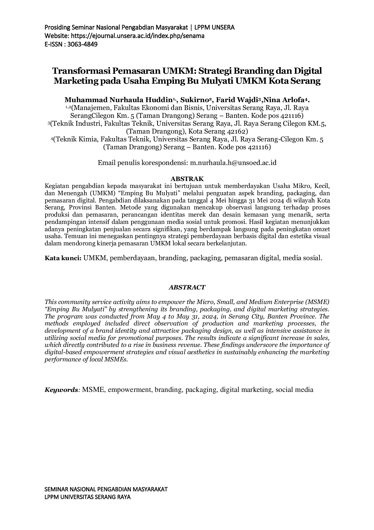 JURIS Transformasi Pemasaran UMKM Strategi Branding dan Digital Marketing pada Usaha Emping Bu Mulyati UMKM Kota Serang