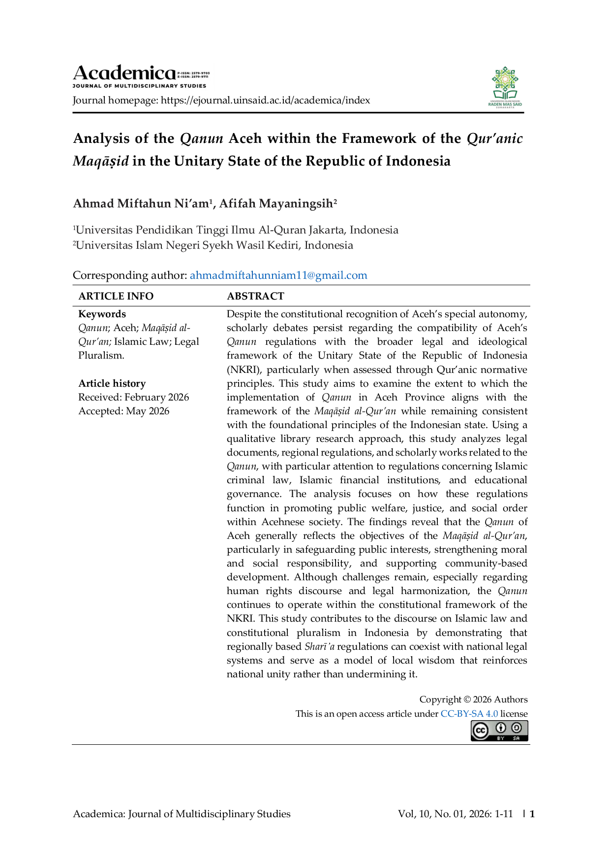 JURIS An Analysis of the Qanun Aceh within the Framework of the Qur anic MaqAid in the Unitary State of the Republic of Indonesia