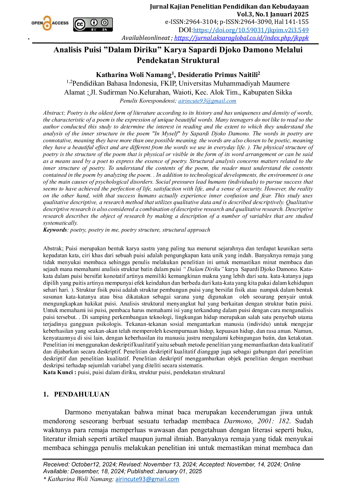 JURIS Analisis Puisi Dalam Diriku Karya Sapardi Djoko Damono Melalui Pendekatan Struktural