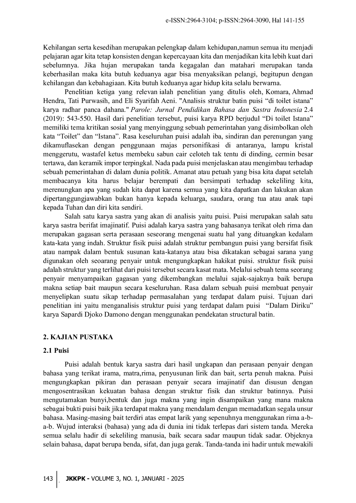 JURIS Analisis Puisi Dalam Diriku Karya Sapardi Djoko Damono Melalui Pendekatan Struktural