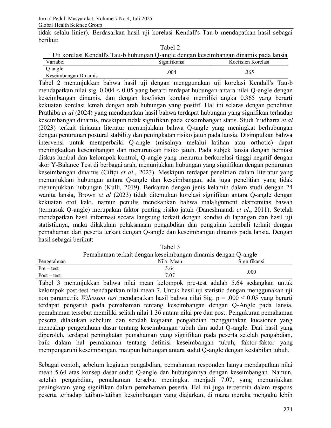 JURIS Edukasi Latihan Keseimbangan pada Lansia Skrining Keseimbangan melalui Pemeriksaan Q Angle dan Time Up Go Test pada Lansia