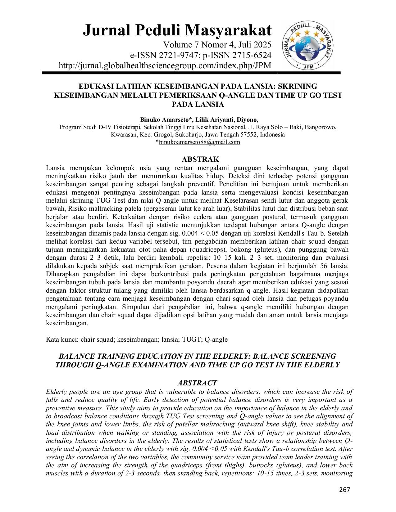 JURIS Edukasi Latihan Keseimbangan pada Lansia Skrining Keseimbangan melalui Pemeriksaan Q Angle dan Time Up Go Test pada Lansia