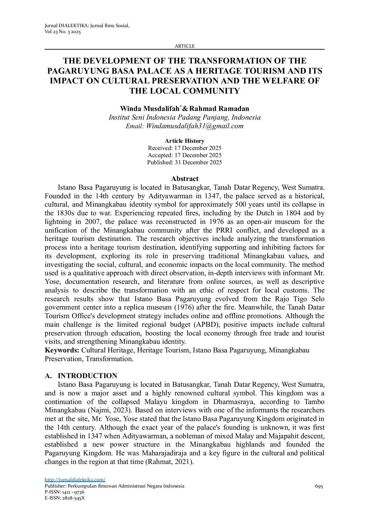 JURIS The Development of the Transformation of the Pagaruyung Basa Palace as a Heritage Tourism and its Impact on Cultural Preservation and the Welfare of the Local Community