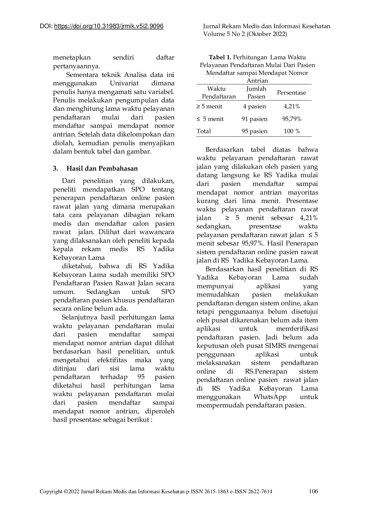 JURIS Tinjauan Penerapan Pendaftaran Online Pasien Rawat Jalan di RS Yadika Kebayoran Lama