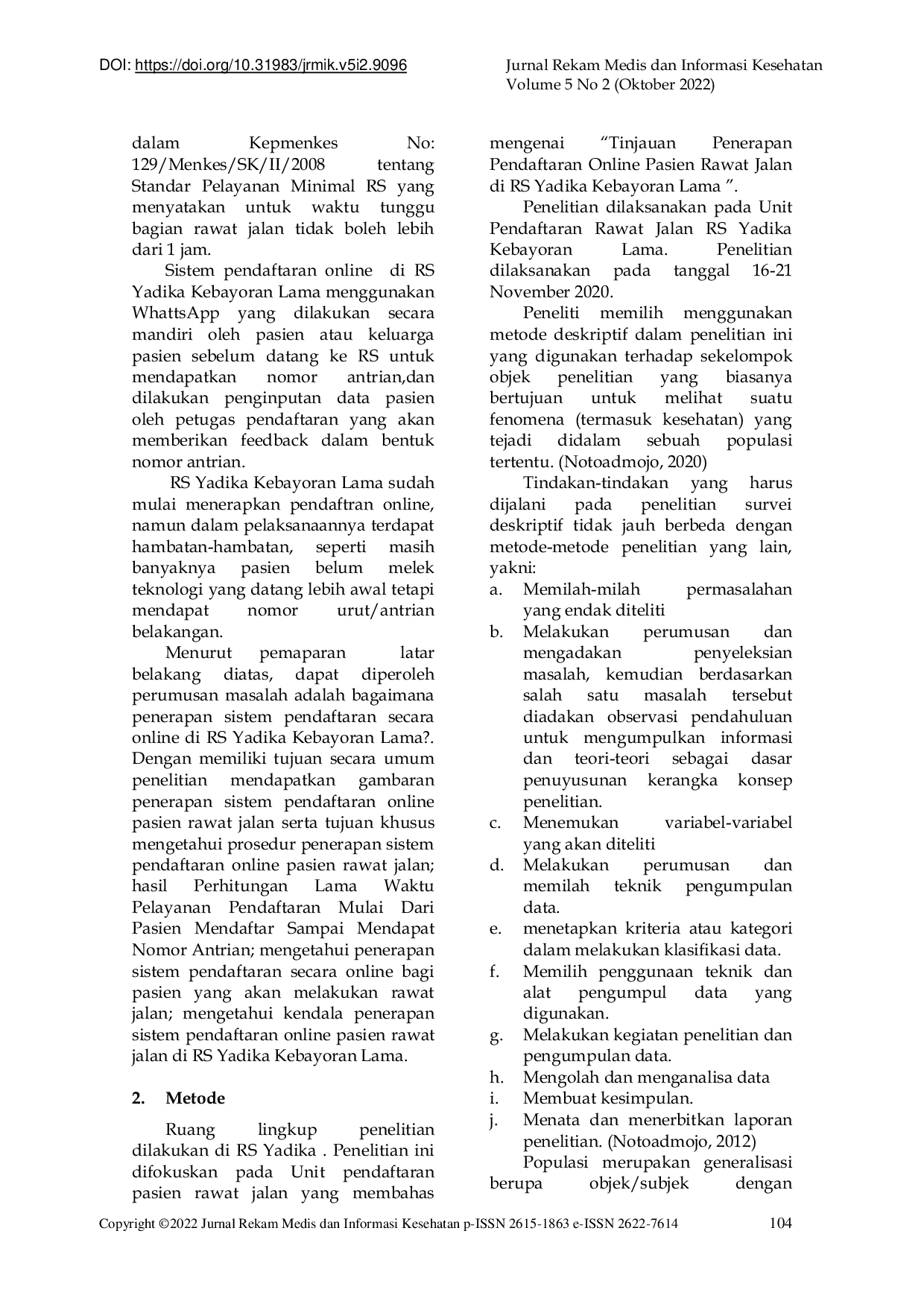 JURIS Tinjauan Penerapan Pendaftaran Online Pasien Rawat Jalan di RS Yadika Kebayoran Lama