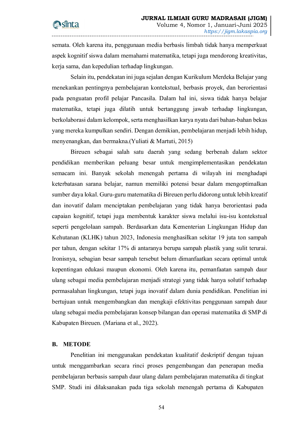 JURIS Penggunaan Sampah Daur Ulang sebagai Media Pembelajaran Matematika di SMP Bireuen